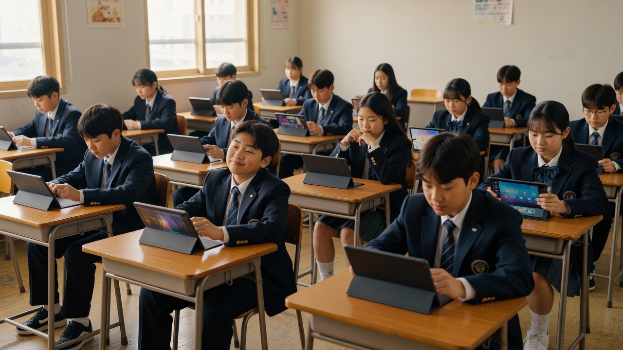 ai 디지털 교과서 도입 후 학생 집중력 저하 사례를 나타내는 교실 모습