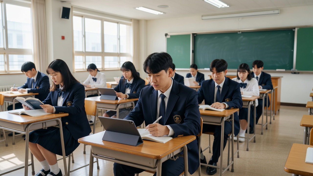 고1 학생이 ai 디지털 교과서 도입으로 태블릿 학습하는 교실 장면